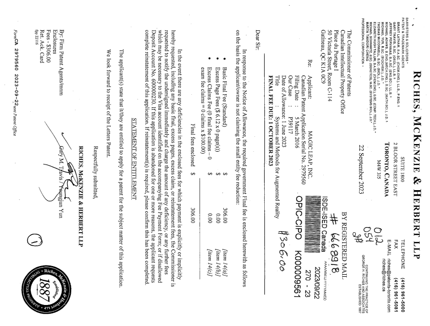 Document de brevet canadien 2979560. Taxe d'achèvement - PCT 20230922. Image 1 de 1