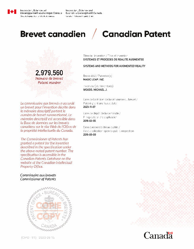 Canadian Patent Document 2979560. Electronic Grant Certificate 20231107. Image 1 of 1