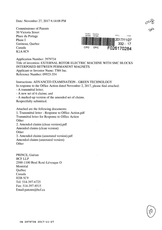 Document de brevet canadien 2979734. Modification 20161227. Image 1 de 10