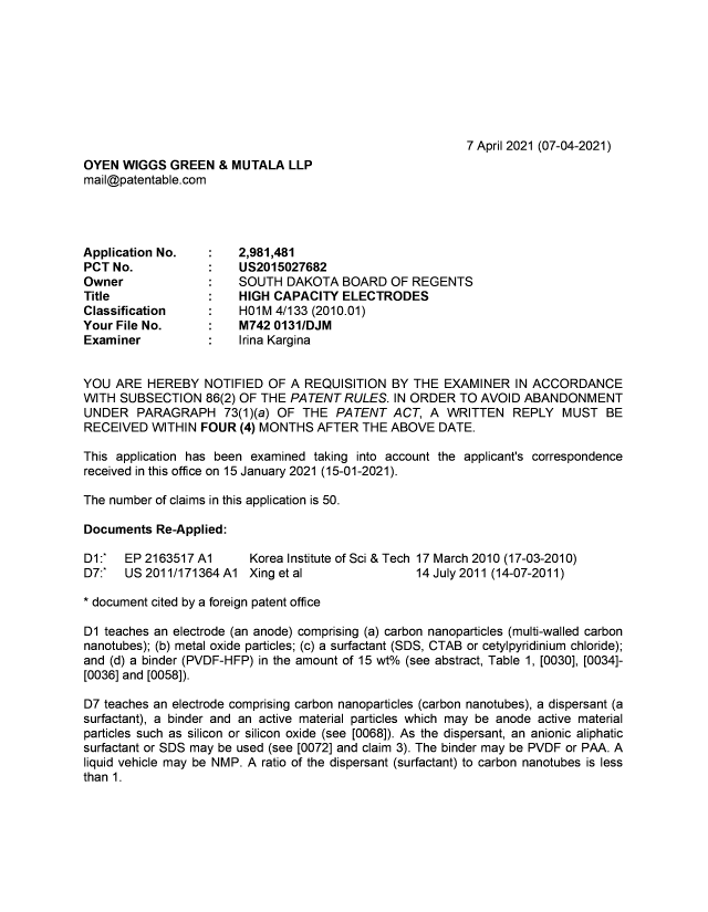 Document de brevet canadien 2981481. Demande d'examen 20210407. Image 1 de 7