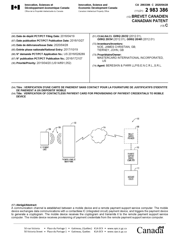 Canadian Patent Document 2983386. Cover Page 20200409. Image 1 of 1