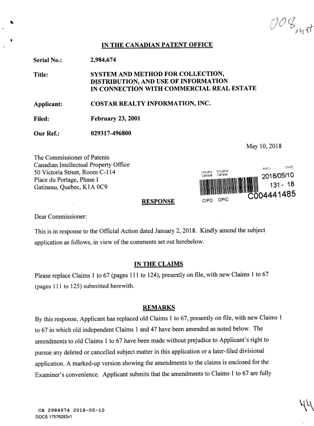 Canadian Patent Document 2984674. Amendment 20180510. Image 1 of 44