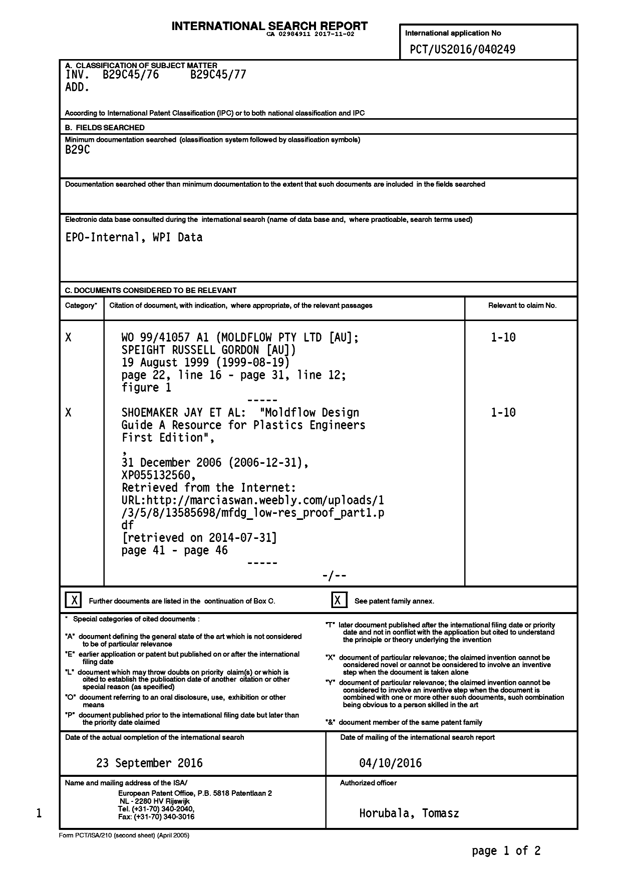 Document de brevet canadien 2984911. Rapport de recherche internationale 20161202. Image 1 de 3