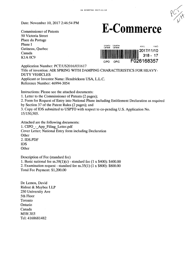 Document de brevet canadien 2985744. Demande d'entrée en phase nationale 20171110. Image 1 de 5