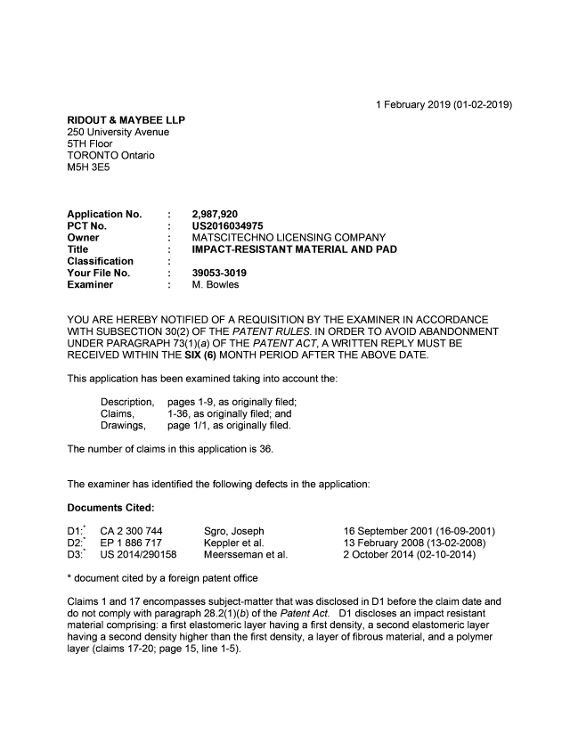 Canadian Patent Document 2987920. Examiner Requisition 20190201. Image 1 of 3