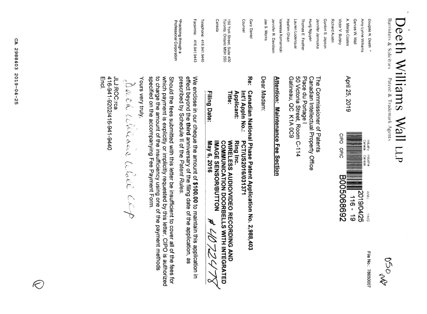 Canadian Patent Document 2988403. Maintenance Fee Payment 20190425. Image 1 of 1