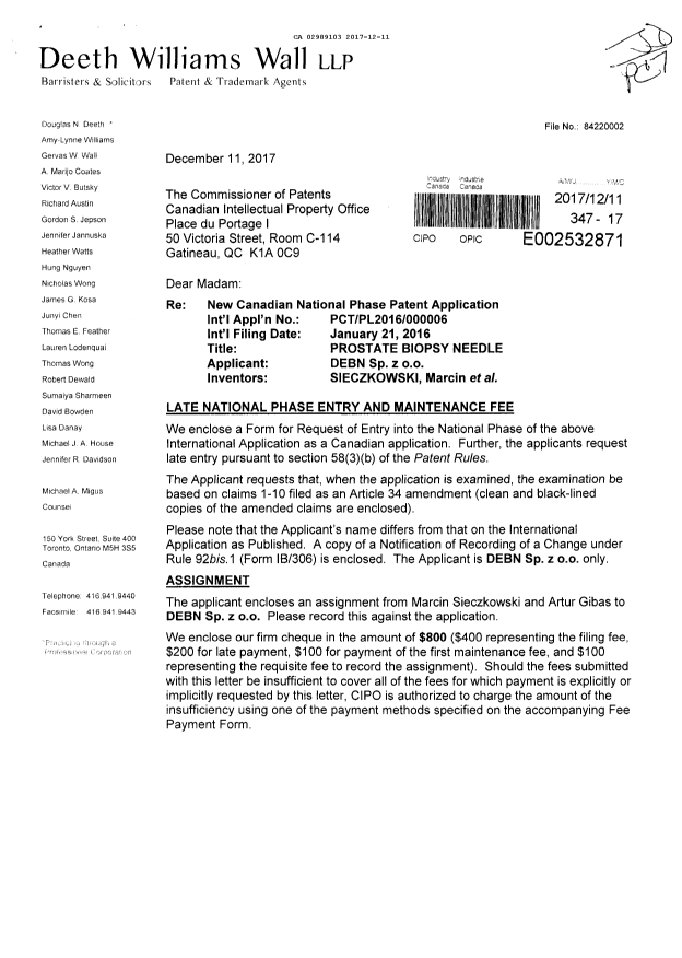 Document de brevet canadien 2989103. Demande d'entrée en phase nationale 20171211. Image 1 de 6