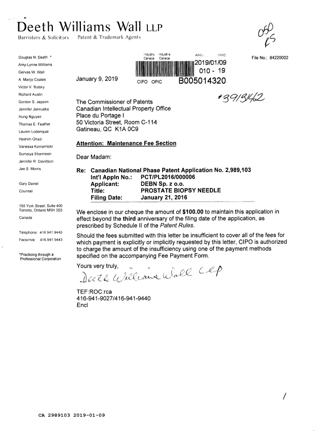 Document de brevet canadien 2989103. Paiement de taxe périodique 20190109. Image 1 de 1