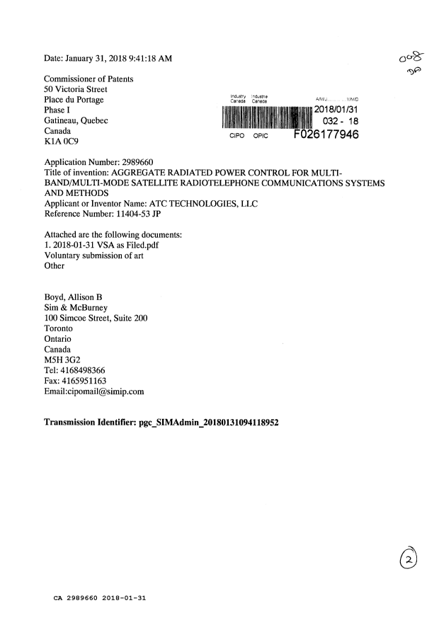 Document de brevet canadien 2989660. Modification 20180131. Image 1 de 2