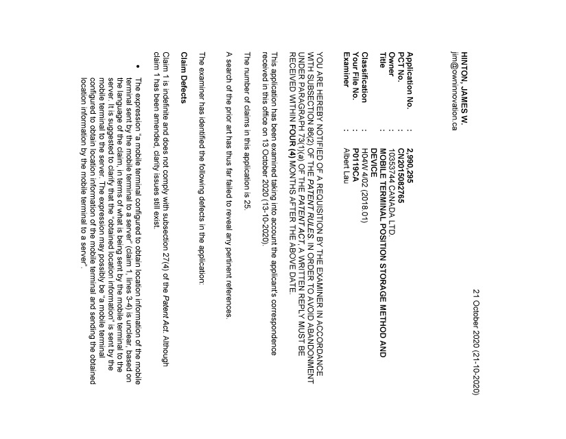 Canadian Patent Document 2990295. Examiner Requisition 20201021. Image 1 of 5