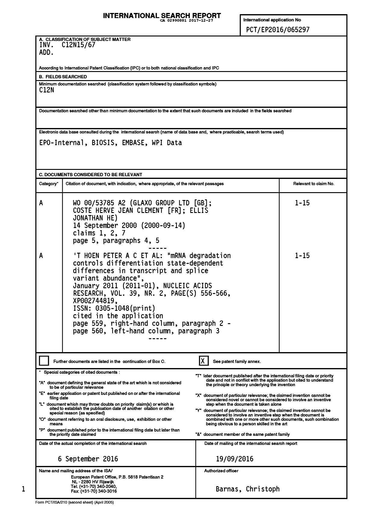 Document de brevet canadien 2990881. Rapport de recherche internationale 20161227. Image 1 de 2