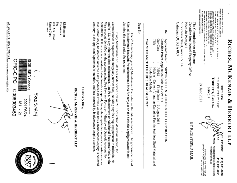Canadian Patent Document 2993771. Maintenance Fee Payment 20210624. Image 1 of 1