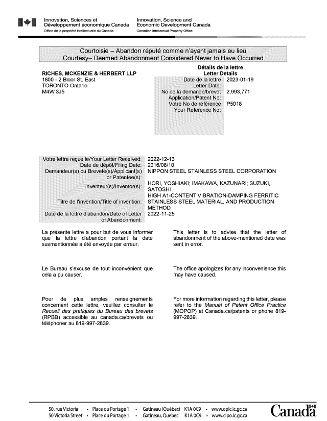 Document de brevet canadien 2993771. Lettre du bureau 20230119. Image 1 de 1