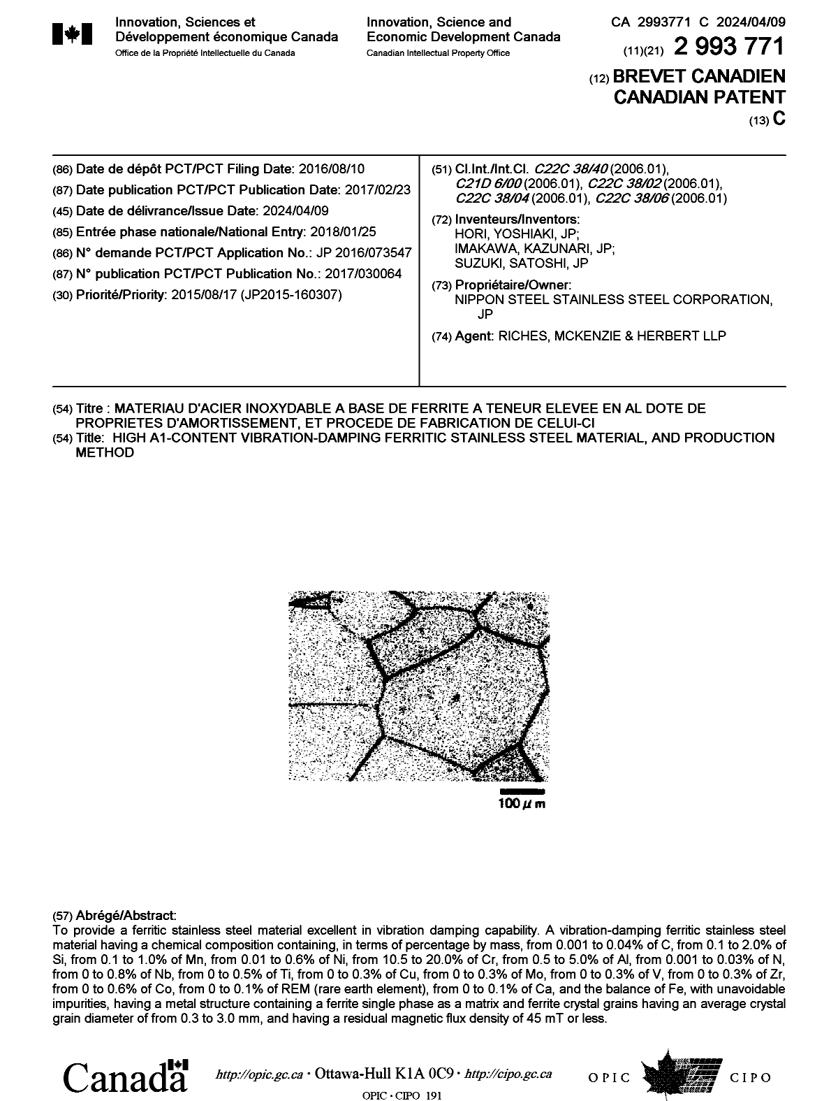 Canadian Patent Document 2993771. Cover Page 20240307. Image 1 of 1