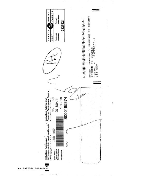 Canadian Patent Document 2997766. Returned mail 20180411. Image 1 of 2