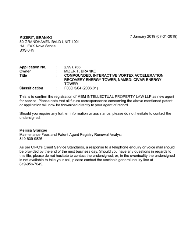 Canadian Patent Document 2997766. Office Letter 20190107. Image 1 of 1