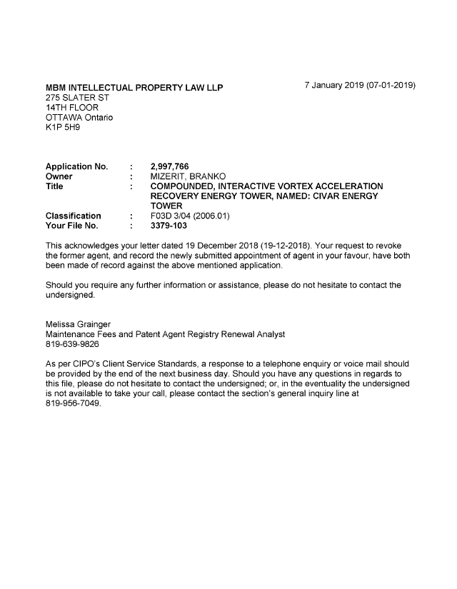 Canadian Patent Document 2997766. Office Letter 20190107. Image 1 of 1