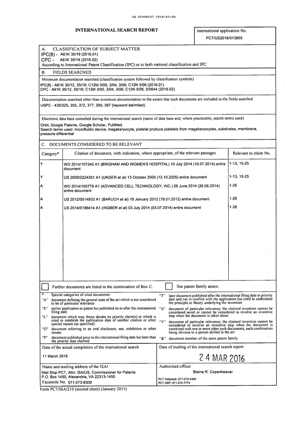Document de brevet canadien 2998107. Rapport de recherche internationale 20180308. Image 1 de 1