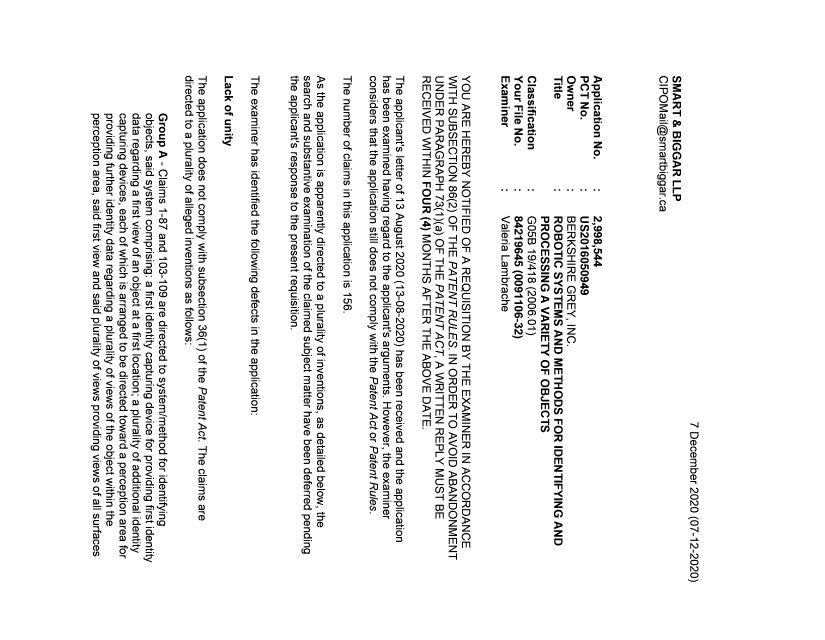 Canadian Patent Document 2998544. Examiner Requisition 20201207. Image 1 of 4