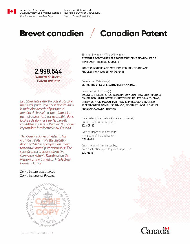 Canadian Patent Document 2998544. Electronic Grant Certificate 20230509. Image 1 of 1