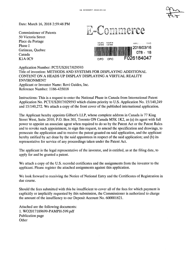 Canadian Patent Document 2999057. National Entry Request 20180316. Image 1 of 12