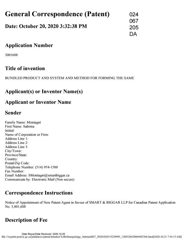 Document de brevet canadien 3001608. Changement No. dossier agent 20201020. Image 1 de 6