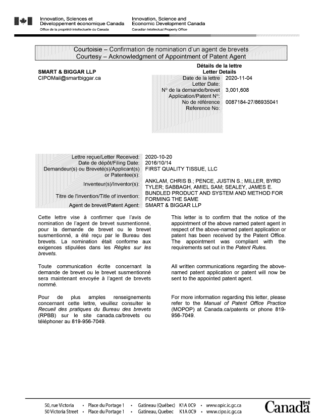Document de brevet canadien 3001608. Lettre du bureau 20201104. Image 1 de 1