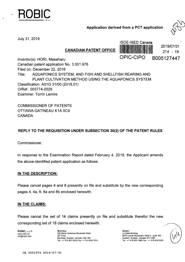 Canadian Patent Document 3001976. Amendment 20190731. Image 1 of 44