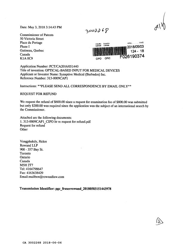 Document de brevet canadien 3002268. Remboursement 20180606. Image 1 de 2