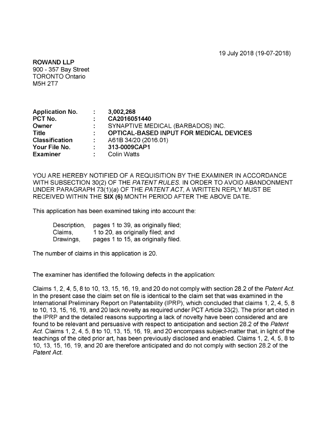 Document de brevet canadien 3002268. Demande d'examen 20180719. Image 1 de 3