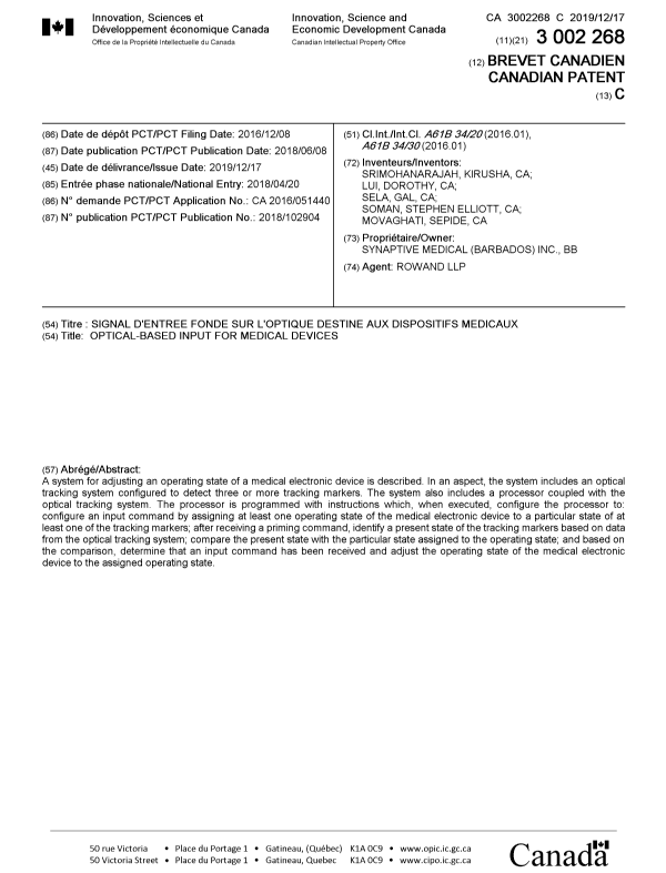 Document de brevet canadien 3002268. Page couverture 20191206. Image 1 de 1