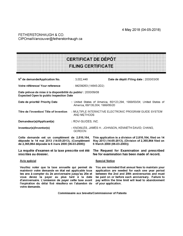 Document de brevet canadien 3002446. Complémentaire - Certificat de dépôt 20180504. Image 1 de 1