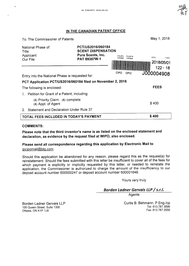 Document de brevet canadien 3003873. Demande d'entrée en phase nationale 20180501. Image 1 de 4