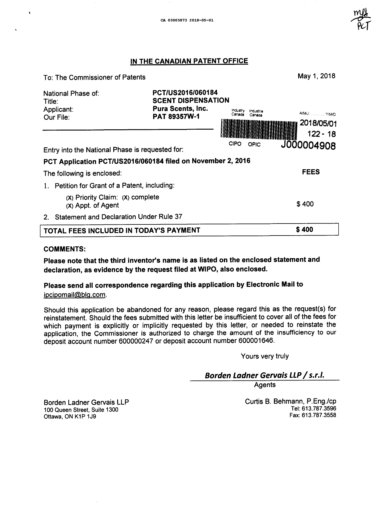 Document de brevet canadien 3003873. Demande d'entrée en phase nationale 20180501. Image 1 de 4