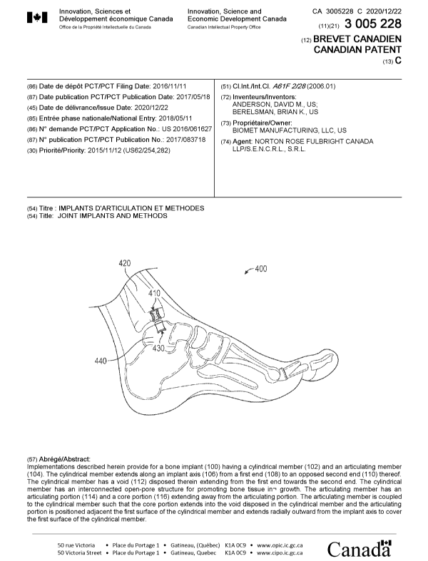 Document de brevet canadien 3005228. Page couverture 20201127. Image 1 de 1