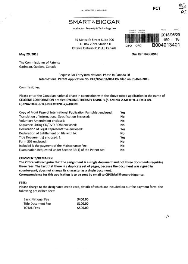 Document de brevet canadien 3006758. Demande d'entrée en phase nationale 20180529. Image 1 de 8