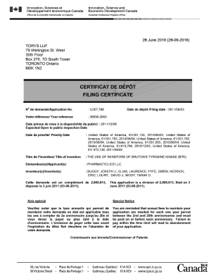 Canadian Patent Document 3007788. Divisional - Filing Certificate 20180628. Image 1 of 1