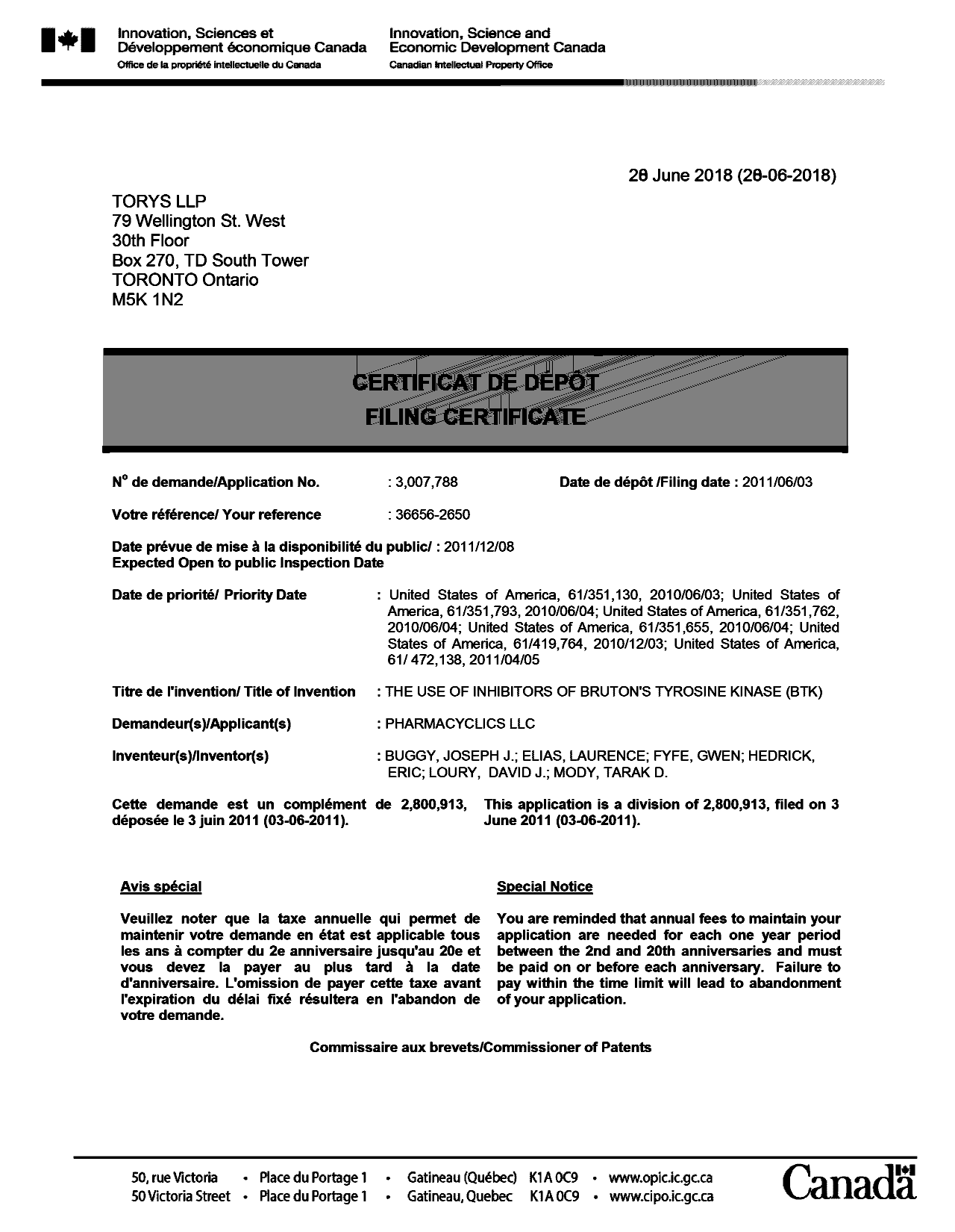 Document de brevet canadien 3007788. Complémentaire - Certificat de dépôt 20180628. Image 1 de 1