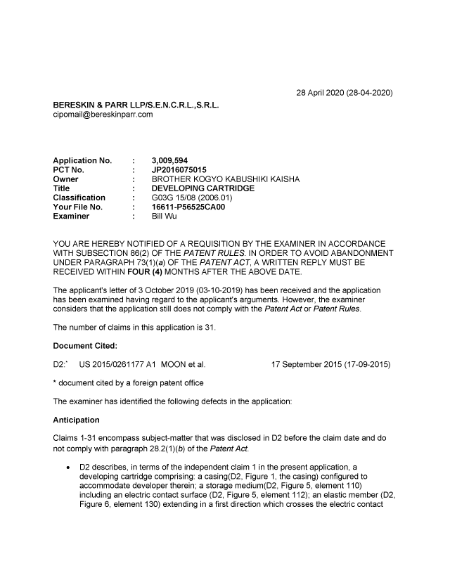 Document de brevet canadien 3009594. Demande d'examen 20200428. Image 1 de 4