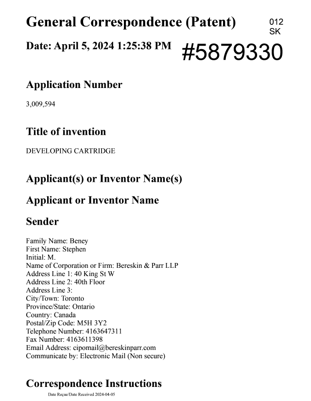 Document de brevet canadien 3009594. Taxe finale 20240405. Image 1 de 5