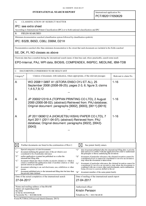 Canadian Patent Document 3009875. International Search Report 20171227. Image 1 of 4