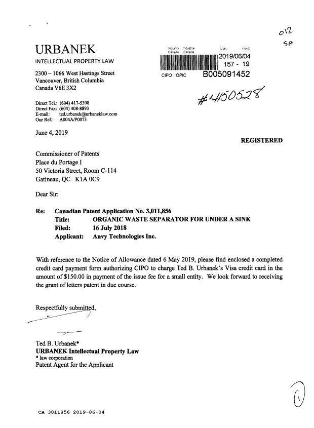 Canadian Patent Document 3011856. Final Fee 20190604. Image 1 of 1