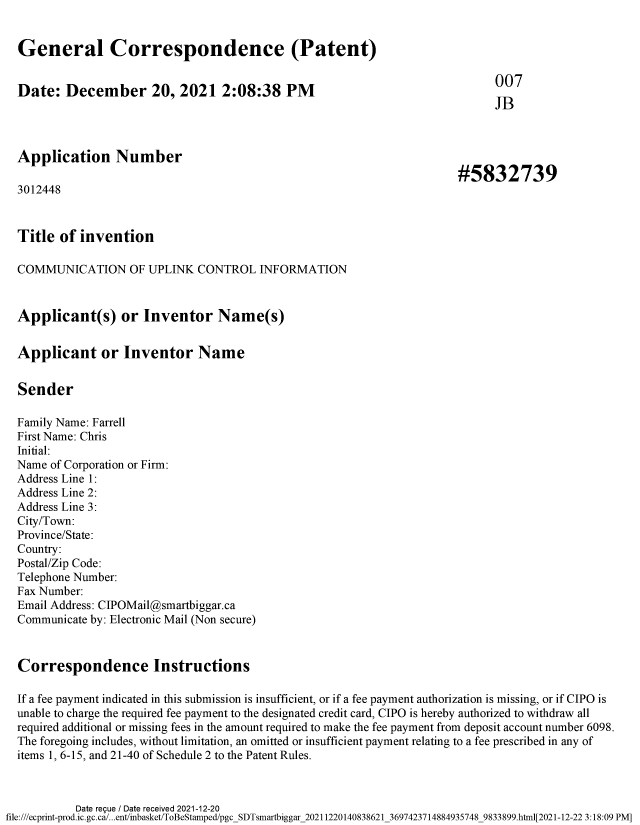 Document de brevet canadien 3012448. Requête d'examen 20211220. Image 1 de 5