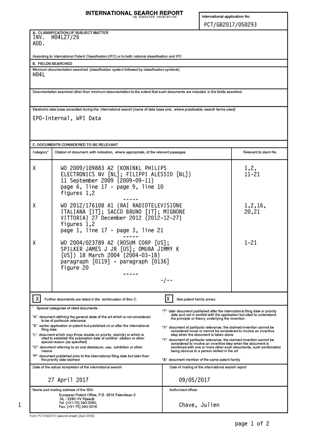 Document de brevet canadien 3012725. Rapport de recherche internationale 20180726. Image 1 de 3
