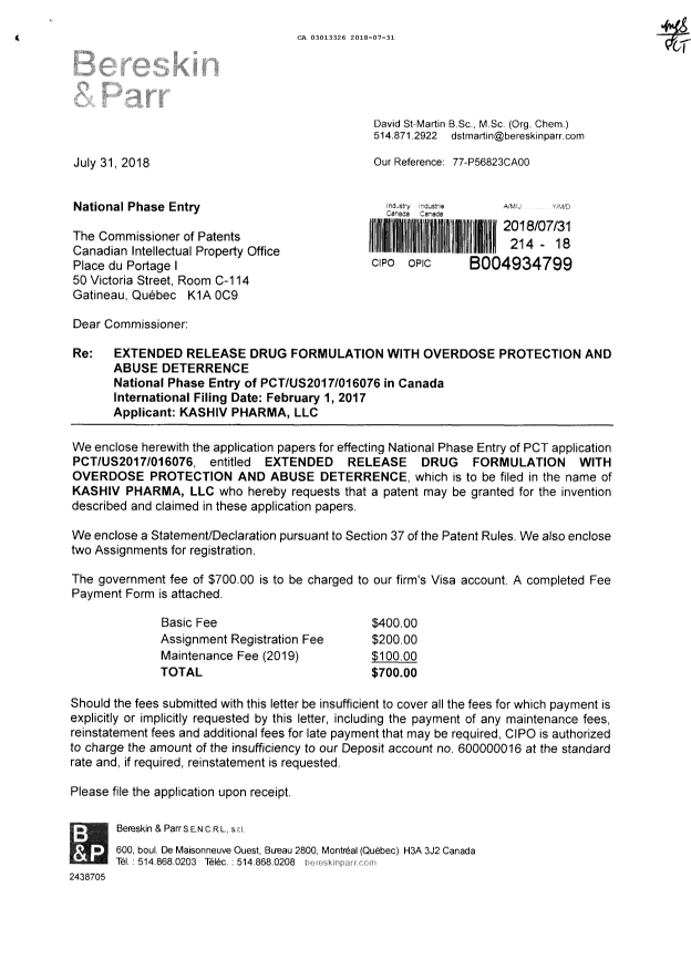 Document de brevet canadien 3013326. Demande d'entrée en phase nationale 20180731. Image 1 de 23