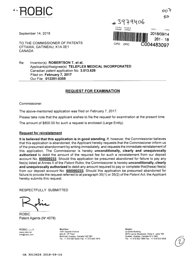 Document de brevet canadien 3013626. Requête d'examen 20180914. Image 1 de 2