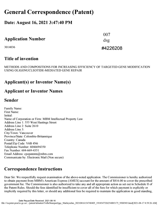 Document de brevet canadien 3014036. Requête d'examen 20210816. Image 1 de 3