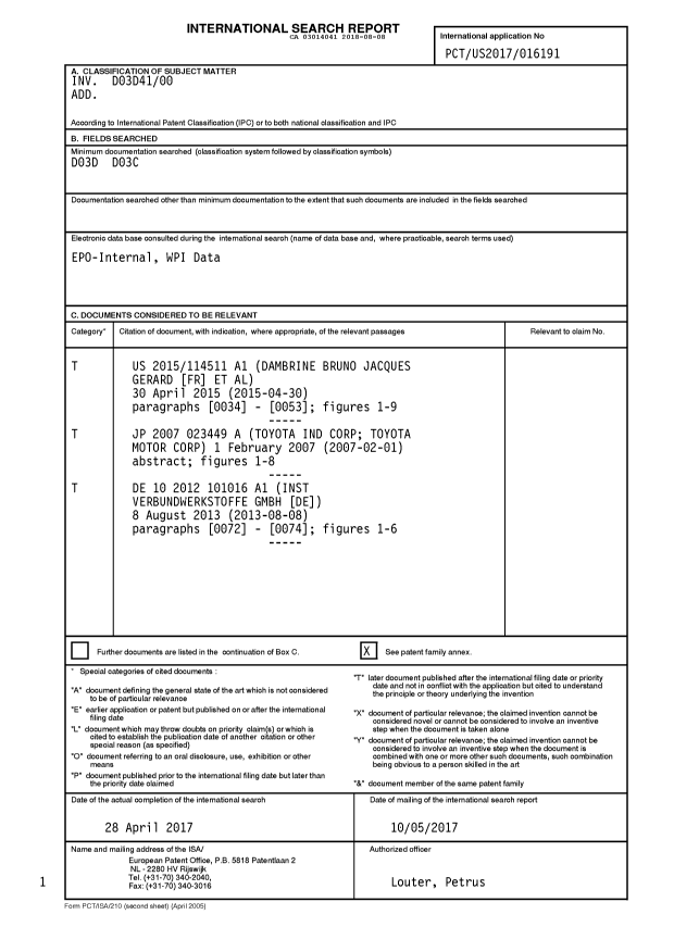 Document de brevet canadien 3014041. Rapport de recherche internationale 20180808. Image 1 de 2