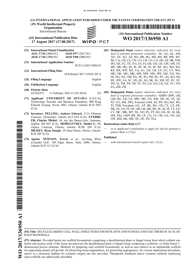 Document de brevet canadien 3014256. Abrégé 20180810. Image 1 de 1