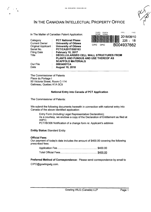 Document de brevet canadien 3014256. Demande d'entrée en phase nationale 20180810. Image 1 de 4